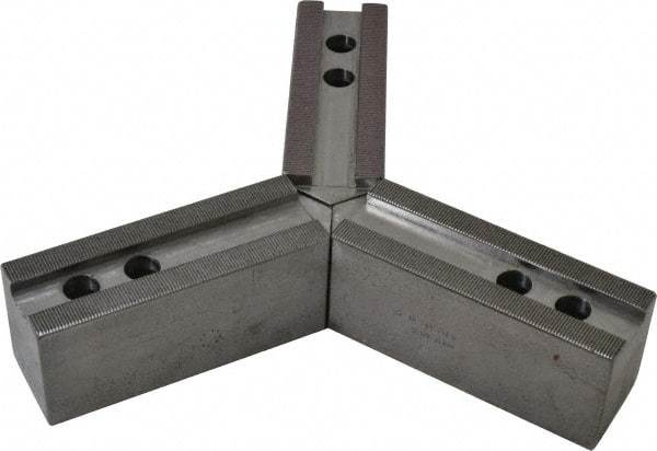 H & R Manufacturing - 12" & Up Chuck Capacity, 1.5mm x 60° Serrated Attachment, Square Soft Lathe Chuck Jaw - 3 Jaws, Steel, 1.181" Btw Mount Hole Ctrs, 6-1/4" Long x 2" Wide x 2-1/2" High, 0.827" Groove, 0.6299" & 16mm Fastener - Eagle Tool & Supply