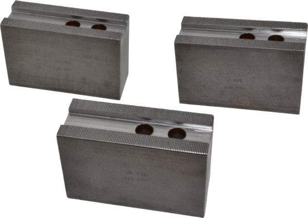 H & R Manufacturing - 12" Chuck Capacity, 1.5mm x 60° Serrated Attachment, Square Soft Lathe Chuck Jaw - 3 Jaws, Steel, 1.181" Btw Mount Hole Ctrs, 5-1/4" Long x 2" Wide x 3-1/2" High, 0.827" Groove, 5/8" & 16mm Fastener - Eagle Tool & Supply