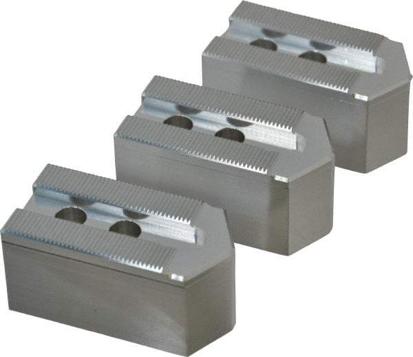 Masterman & Kovil - 6" Chuck Capacity, 1.5mm x 60° Serrated Attachment, Square Soft Lathe Chuck Jaw - 3 Jaws, Aluminum, 0.787" Btw Mount Hole Ctrs, 3mm Long x 1-1/2" Wide x 1-1/2" High, 0.473" Groove, 10mm Fastener - Eagle Tool & Supply