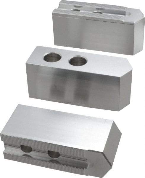 Masterman & Kovil - 10" Chuck Capacity, 1.5mm x 60° Serrated Attachment, Square Soft Lathe Chuck Jaw - 3 Jaws, Aluminum, 1.181" Btw Mount Hole Ctrs, 4.6mm Long x 1-1/2" Wide x 2" High, 0.63" Groove, 12mm Fastener - Eagle Tool & Supply