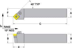 Dorian Tool - MSSN, Right Hand Cut, 45° Lead Angle, 1" Shank Height x 1" Shank Width, Negative Rake Indexable Turning Toolholder - 6" OAL, SN..43. Insert Compatibility, Series Multi-Option - Eagle Tool & Supply