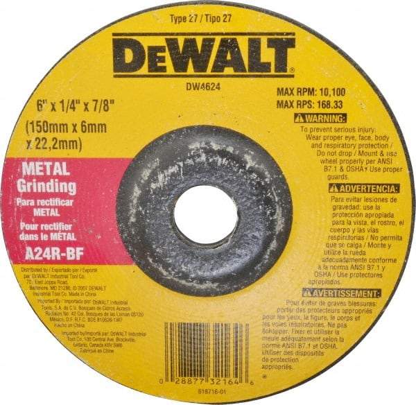 DeWALT - 24 Grit, 6" Wheel Diam, 1/4" Wheel Thickness, 7/8" Arbor Hole, Type 27 Depressed Center Wheel - Aluminum Oxide, R Hardness, 10,100 Max RPM, Compatible with Angle Grinder - Eagle Tool & Supply