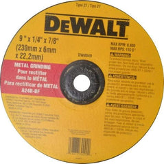 DeWALT - 24 Grit, 9" Wheel Diam, 1/4" Wheel Thickness, 7/8" Arbor Hole, Type 27 Depressed Center Wheel - Aluminum Oxide, R Hardness, 6,600 Max RPM, Compatible with Angle Grinder - Eagle Tool & Supply