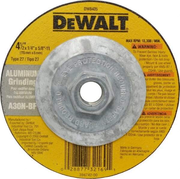 DeWALT - 30 Grit, 4-1/2" Wheel Diam, 1/4" Wheel Thickness, Type 27 Depressed Center Wheel - Aluminum Oxide, N Hardness, 13,300 Max RPM, Compatible with Angle Grinder - Eagle Tool & Supply