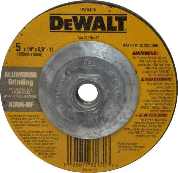 DeWALT - 30 Grit, 5" Wheel Diam, 1/4" Wheel Thickness, Type 27 Depressed Center Wheel - Aluminum Oxide, N Hardness, 12,200 Max RPM, Compatible with Angle Grinder - Eagle Tool & Supply