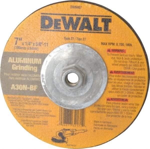 DeWALT - 30 Grit, 7" Wheel Diam, 1/4" Wheel Thickness, Type 27 Depressed Center Wheel - Aluminum Oxide, N Hardness, 8,700 Max RPM, Compatible with Angle Grinder - Eagle Tool & Supply