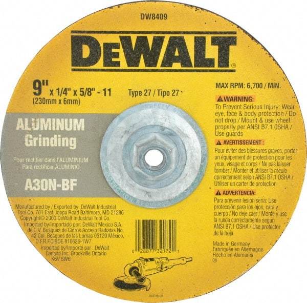 DeWALT - 30 Grit, 9" Wheel Diam, 1/4" Wheel Thickness, Type 27 Depressed Center Wheel - Aluminum Oxide, N Hardness, 6,600 Max RPM, Compatible with Angle Grinder - Eagle Tool & Supply