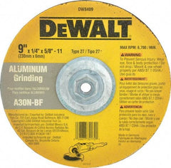DeWALT - 30 Grit, 9" Wheel Diam, 1/4" Wheel Thickness, Type 27 Depressed Center Wheel - Aluminum Oxide, N Hardness, 6,600 Max RPM, Compatible with Angle Grinder - Eagle Tool & Supply