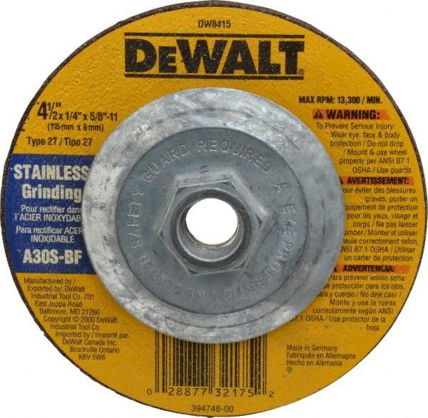 DeWALT - 30 Grit, 4-1/2" Wheel Diam, 1/4" Wheel Thickness, Type 27 Depressed Center Wheel - Aluminum Oxide, S Hardness, 13,300 Max RPM, Compatible with Angle Grinder - Eagle Tool & Supply