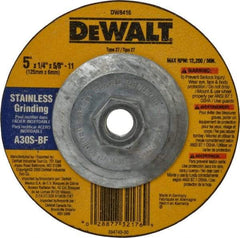DeWALT - 30 Grit, 5" Wheel Diam, 1/4" Wheel Thickness, Type 27 Depressed Center Wheel - Aluminum Oxide, S Hardness, 12,200 Max RPM, Compatible with Angle Grinder - Eagle Tool & Supply