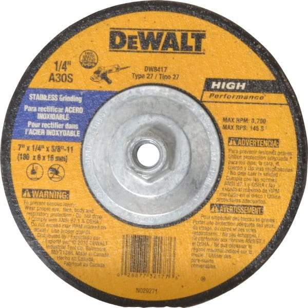 DeWALT - 30 Grit, 7" Wheel Diam, 1/4" Wheel Thickness, Type 27 Depressed Center Wheel - Aluminum Oxide, S Hardness, 8,700 Max RPM, Compatible with Angle Grinder - Eagle Tool & Supply