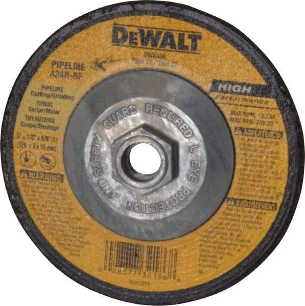 DeWALT - 24 Grit, 5" Wheel Diam, 1/8" Wheel Thickness, Type 27 Depressed Center Wheel - Aluminum Oxide, R Hardness, 12,200 Max RPM, Compatible with Angle Grinder - Eagle Tool & Supply