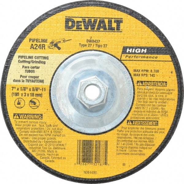 DeWALT - 24 Grit, 7" Wheel Diam, 1/8" Wheel Thickness, Type 27 Depressed Center Wheel - Aluminum Oxide, R Hardness, 8,700 Max RPM, Compatible with Angle Grinder - Eagle Tool & Supply
