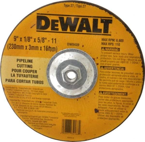 DeWALT - 24 Grit, 9" Wheel Diam, 1/8" Wheel Thickness, Type 27 Depressed Center Wheel - Aluminum Oxide, R Hardness, 6,600 Max RPM, Compatible with Angle Grinder - Eagle Tool & Supply