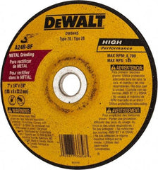 DeWALT - 24 Grit, 7" Wheel Diam, 1/4" Wheel Thickness, 7/8" Arbor Hole, Type 28 Depressed Center Wheel - Aluminum Oxide, R Hardness, 8,700 Max RPM - Eagle Tool & Supply