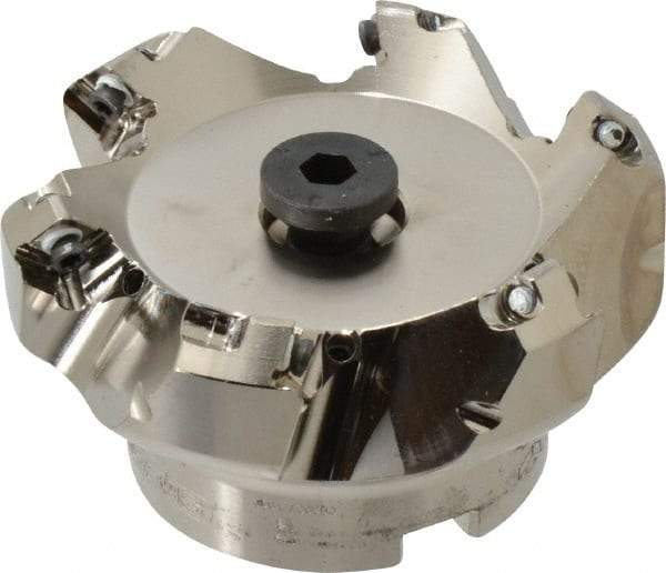 Seco - 2.48" Cut Diam, 3/4" Arbor Hole, 0.18" Max Depth of Cut, 45° Indexable Chamfer & Angle Face Mill - 6 Inserts, SE.. 09T3 Insert, Right Hand Cut, 6 Flutes, Through Coolant, Series R220.53 - Eagle Tool & Supply