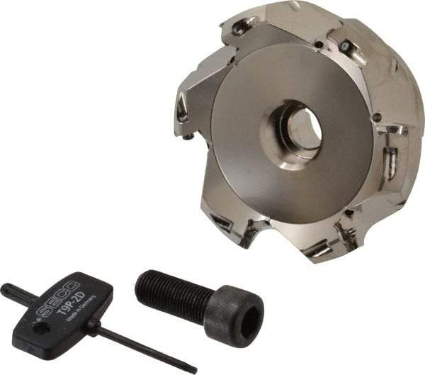 Seco - 3.15" Cut Diam, 1" Arbor Hole, 0.18" Max Depth of Cut, 45° Indexable Chamfer & Angle Face Mill - 6 Inserts, SE.. 09T3 Insert, Right Hand Cut, 6 Flutes, Through Coolant, Series R220.53 - Eagle Tool & Supply