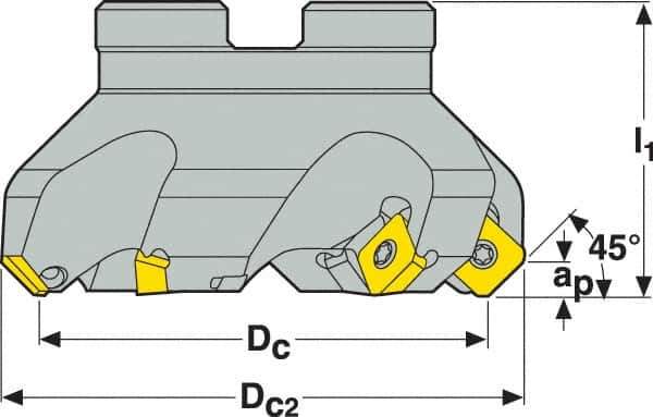 Seco - 1.57" Cut Diam, 3/4" Arbor Hole, 0.18" Max Depth of Cut, 45° Indexable Chamfer & Angle Face Mill - 4 Inserts, SE.. 09T3 Insert, Right Hand Cut, 4 Flutes, Through Coolant, Series R220.53 - Eagle Tool & Supply