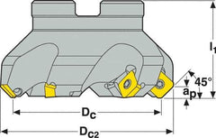 Seco - 1.57" Cut Diam, 3/4" Arbor Hole, 0.18" Max Depth of Cut, 45° Indexable Chamfer & Angle Face Mill - 4 Inserts, SE.. 09T3 Insert, Right Hand Cut, 4 Flutes, Through Coolant, Series R220.53 - Eagle Tool & Supply