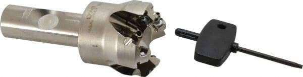 Seco - 45° Lead Angle, 1.65" Max Cut Diam, 0.18" Max Depth of Cut, Indexable Chamfer and Angle End Mill - 4 Inserts, SE.. 09T3 Insert Style, 3.54" Overall Length, Through Coolant - Eagle Tool & Supply