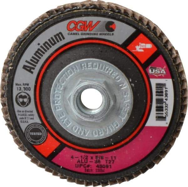 Camel Grinding Wheels - 36 Grit, 4-1/2" Disc Diam, 5/8-11 Center Hole, Type 27 Aluminum Oxide Flap Disc - 13,300 Max RPM, Polyester Backing, Arbor Attaching System, Coated - Eagle Tool & Supply