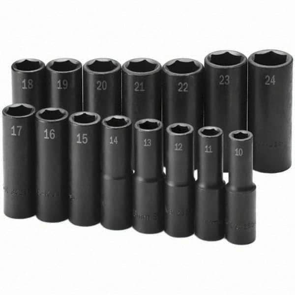 SK - 1/2" Drive Deep Impact Socket Set - 10 to 24mm, Metric Measurement Standard - Eagle Tool & Supply