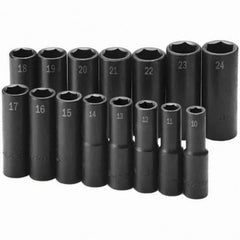 SK - 1/2" Drive Deep Impact Socket Set - 10 to 24mm, Metric Measurement Standard - Eagle Tool & Supply