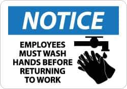 NMC - "Notice - Employees Must Wash Hands Before Returning to Work", 10" Long x 14" Wide, Rigid Plastic Safety Sign - Rectangle, 0.05" Thick, Use for Restroom, Janitorial & Housekeeping - Eagle Tool & Supply