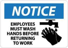 NMC - "Notice - Employees Must Wash Hands Before Returning to Work", 10" Long x 14" Wide, Pressure-Sensitive Vinyl Safety Sign - Rectangle, 0.004" Thick, Use for Restroom, Janitorial & Housekeeping - Eagle Tool & Supply