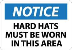 NMC - "Notice - Hard Hats Must Be Worn in This Area", 10" Long x 14" Wide, Pressure-Sensitive Vinyl Safety Sign - Rectangle, 0.004" Thick, Use for Accident Prevention - Eagle Tool & Supply