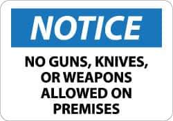NMC - "Notice - No Guns, Knives or Weapons Allowed on Premises", 10" Long x 14" Wide, Pressure-Sensitive Vinyl Safety Sign - Rectangle, 0.004" Thick, Use for Security & Admittance - Eagle Tool & Supply