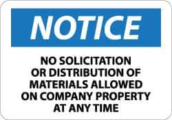 NMC - "Notice - No Solicitation or Distribution of Materials Allowed on Company Property at Any Time", 10" Long x 14" Wide, Aluminum Safety Sign - Rectangle, 0.04" Thick, Use for Security & Admittance - Eagle Tool & Supply