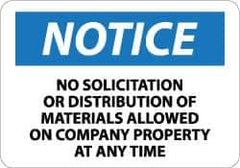 NMC - "Notice - No Solicitation or Distribution of Materials Allowed on Company Property at Any Time", 10" Long x 14" Wide, Aluminum Safety Sign - Rectangle, 0.04" Thick, Use for Security & Admittance - Eagle Tool & Supply