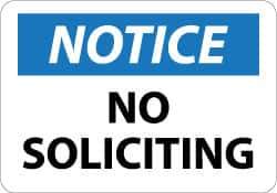 NMC - "Notice - No Soliciting", 10" Long x 14" Wide, Rigid Plastic Safety Sign - Rectangle, 0.05" Thick, Use for Security & Admittance - Eagle Tool & Supply