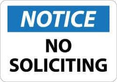 NMC - "Notice - No Soliciting", 10" Long x 14" Wide, Rigid Plastic Safety Sign - Rectangle, 0.05" Thick, Use for Security & Admittance - Eagle Tool & Supply
