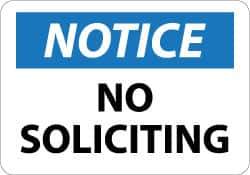 NMC - "Notice - No Soliciting", 10" Long x 14" Wide, Aluminum Safety Sign - Rectangle, 0.04" Thick, Use for Security & Admittance - Eagle Tool & Supply