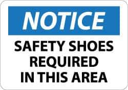 NMC - "Notice - Safety Shoes Required in This Area", 10" Long x 14" Wide, Pressure-Sensitive Vinyl Safety Sign - Rectangle, 0.004" Thick, Use for Accident Prevention - Eagle Tool & Supply