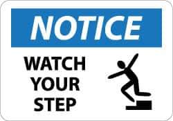 NMC - "Notice - Watch Your Step", 10" Long x 14" Wide, Pressure-Sensitive Vinyl Safety Sign - Rectangle, 0.004" Thick, Use for Accident Prevention - Eagle Tool & Supply