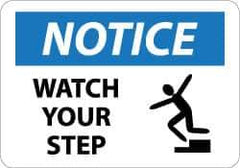 NMC - "Notice - Watch Your Step", 10" Long x 14" Wide, Pressure-Sensitive Vinyl Safety Sign - Rectangle, 0.004" Thick, Use for Accident Prevention - Eagle Tool & Supply