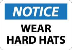 NMC - "Notice - Wear Hard Hats", 10" Long x 14" Wide, Pressure-Sensitive Vinyl Safety Sign - Rectangle, 0.004" Thick, Use for Accident Prevention - Eagle Tool & Supply
