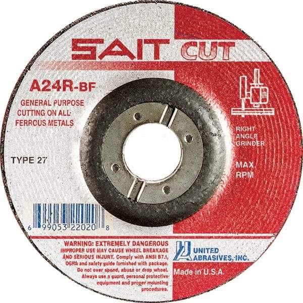 Sait - 24 Grit, 6" Wheel Diam, 1/8" Wheel Thickness, 7/8" Arbor Hole, Type 27 Depressed Center Wheel - Aluminum Oxide, Resinoid Bond, R Hardness, 10,200 Max RPM, Compatible with Angle Grinder - Eagle Tool & Supply