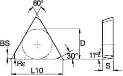 Kennametal - TPKN43 Grade KCK15 Carbide Milling Insert - TiN/TiCN/Al2O3 Finish, 3/16" Thick, 1/2" Inscribed Circle - Eagle Tool & Supply