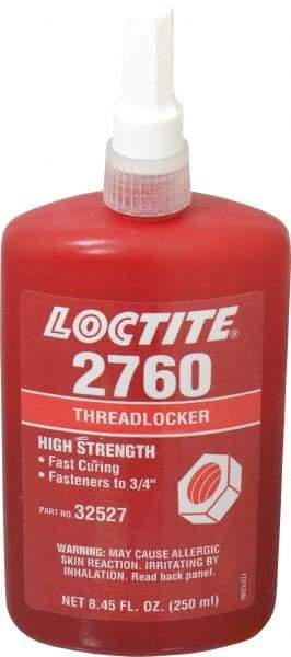 Loctite - 250 mL Bottle, Red, High Strength Liquid Threadlocker - Series 2760, 24 hr Full Cure Time, Hand Tool, Heat Removal - Eagle Tool & Supply