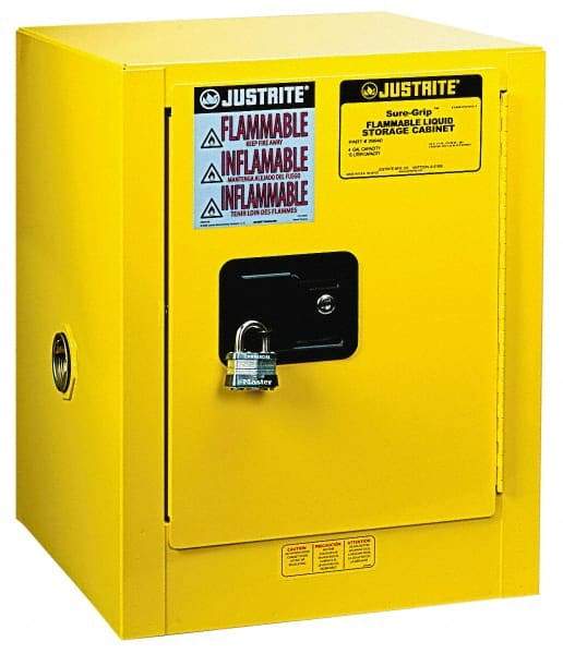 Justrite - 1 Door, 1 Shelf, Yellow Steel Bench Top Safety Cabinet for Flammable and Combustible Liquids - 22" High x 17" Wide x 17" Deep, Manual Closing Door, 4 Gal Capacity - Eagle Tool & Supply