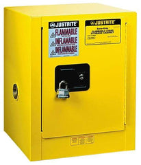 Justrite - 1 Door, 1 Shelf, Yellow Steel Bench Top Safety Cabinet for Flammable and Combustible Liquids - 22" High x 17" Wide x 17" Deep, Self Closing Door, 4 Gal Capacity - Eagle Tool & Supply