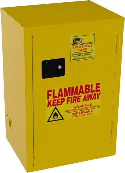 Jamco - 1 Door, 1 Shelf, Yellow Steel Space Saver Safety Cabinet for Flammable and Combustible Liquids - 35" High x 23" Wide x 18" Deep, Manual Closing Door, 3 Point Key Lock, 12 Gal Capacity - Eagle Tool & Supply