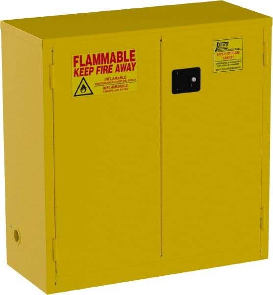 Jamco - 2 Door, 1 Shelf, Yellow Steel Standard Safety Cabinet for Flammable and Combustible Liquids - 44" High x 43" Wide x 18" Deep, Manual Closing Door, 3 Point Key Lock, 30 Gal Capacity - Eagle Tool & Supply