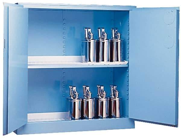 Justrite - 2 Door, 2 Shelf, Blue Steel Standard Safety Cabinet for Corrosive Chemicals - 65" High x 34" Wide x 34" Deep, Manual Closing Door, 3 Point Key Lock, 60 Gal Capacity - Eagle Tool & Supply