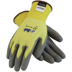 09-K1250/L Gloves w/Kevlar Brand - G-Tek KEV - Yellow 15G Kevlar/Lycra Seamless Knit - Gray PU Grip A2 - Exact Industrial Supply