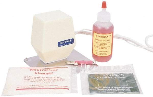 Etch-O-Matic - Electric Etcher - 2 Amp Kit, Includes ETCH-O-MATIC Marker With Standard Head Marking Size 7/8" X 13/4", Electrical Cord, Ground Plate, 2 Oz. Electrolyte Solution In Plastic Bottle, 10 Special Stencils, Neutralizer, Deep Etching Adapter Clip - Eagle Tool & Supply